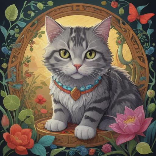 A serene illustration of a cat with intricate patterns on its fur, surrounded by ethereal symbols and signs of good fortune, a mystical garden filled with vibrant flowers and soft glow, gentle light illuminating the scene, calming atmosphere, enchanting details, 4k