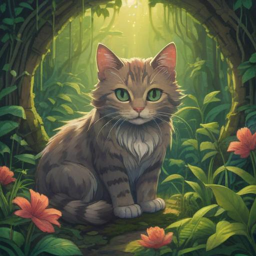 A serene scene featuring a cat with intricate patterns on its fur, hidden symbols representing spiritual signs, lush green surroundings, soft sunlight filtering through trees, a tranquil pond reflecting the cat, a mystical atmosphere, subtle hints of magic, detailed fur texture, 4k