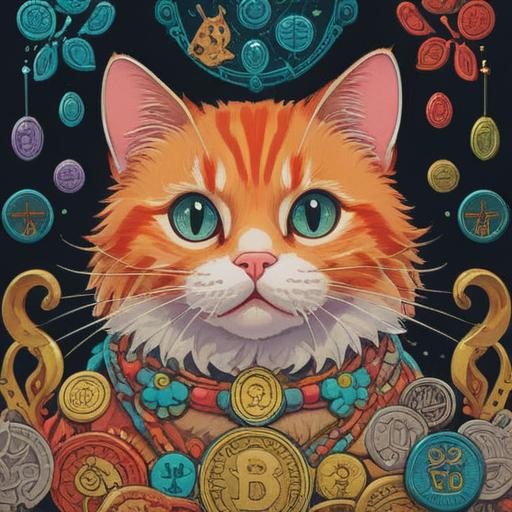A charming illustration of a cat pattern inspired lucky charm, intricate and colorful cat motifs, surrounded by various lucky symbols like coins and four-leaf clovers, whimsical and cheerful atmosphere, vibrant colors, detailed textures, enchanting background, 4k