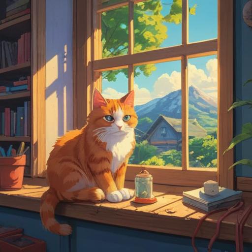 A serene and contemplative scene featuring a cat resting on a windowsill, surrounded by soft beams of sunlight, symbolic elements representing spiritual healing such as crystals and herbs, a peaceful atmosphere reflecting the connection between the cat's illness and spiritual growth, intricate details of the cat's fur and expression, 4k