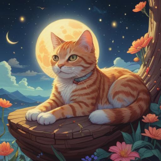 A serene illustration depicting a cat resting peacefully under a bright, celestial sky, surrounded by ethereal symbols of healing and spirituality, soft glowing light illuminating the cat's fur, gentle flowers blooming around, a sense of calm and wisdom in the atmosphere, meaningful connection between the cat and nature, conveying spiritual guidance and insight, 4k