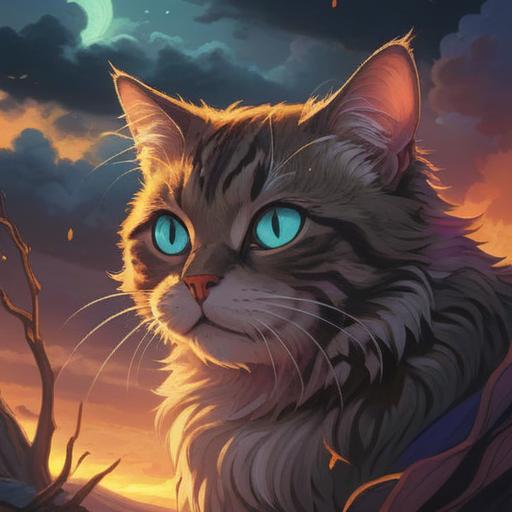 A mystical scene depicting a sick cat, ethereal glow surrounding the cat, symbolic elements like dark clouds, faint light beams, and protective angels in the background, the cat’s eyes reflecting wisdom and vulnerability, serene yet somber atmosphere, soft and dreamlike textures, hints of healing energies, 4k