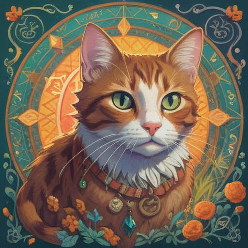 A spiritual charm for a cat's health improvement, calming and positive energy, intricate design featuring symbols of protection and healing, soft pastel colors, a serene background with gentle light, focus on the charm surrounded by subtle cat motifs, uplifting atmosphere, 4k