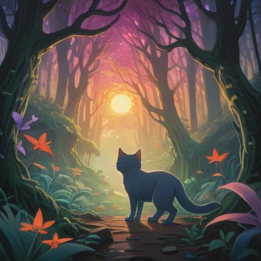 A serene scene depicting a person encountering a cat in a mystical forest, ethereal light filtering through the trees, symbols of spirituality subtly integrated in the surroundings, the cat radiating a calming energy, lush greenery and vibrant flowers in the background, a sense of connection and enlightenment, tranquil atmosphere, emphasizing the spiritual significance of the meeting, 4k