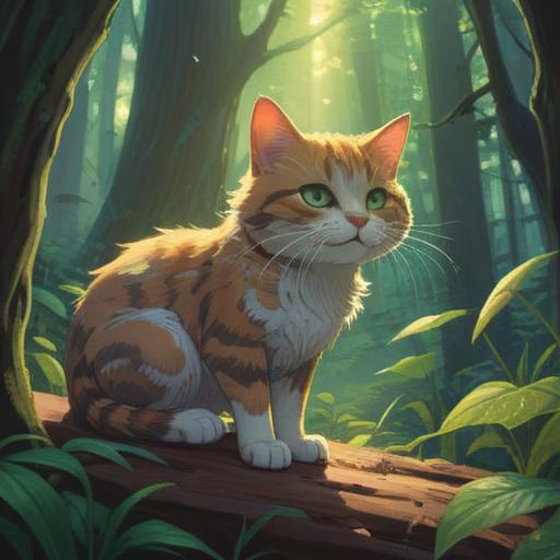 A serene moment of a person encountering a cat in a sun-drenched forest, ethereal light filtering through the trees, the cat exuding a mystical aura, symbols of good fortune and spirituality surrounding them, vibrant greenery, peaceful atmosphere, a sense of connection and enlightenment, 4k