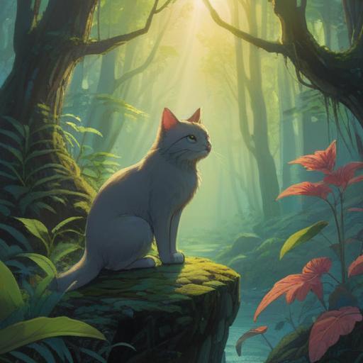 A serene scene depicting a person encountering a cat in a mystical forest, soft ethereal light filtering through the trees, the cat gazing intently with wise eyes, symbols of spirituality such as subtle glowing orbs surrounding them, a feeling of connection and awareness in the air, vibrant colors, enchanting atmosphere, 4k