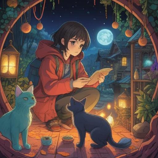 A surreal illustration of a person discovering a lucky charm after encountering a cat, magical atmosphere, whimsical elements, bright colors, the person with a surprised expression, the cat with sparkling eyes, surrounded by floating symbols of luck like four-leaf clovers and horseshoes, enchanting background with soft lighting, 4k