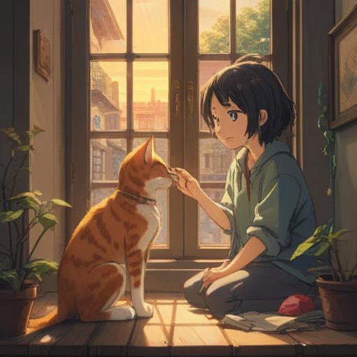 A heartwarming scene of a person gently petting a cat, soft sunlight streaming through a window, emotional connection reflected in their eyes, a cozy room filled with books and plants, serene atmosphere, feelings of love and companionship, 4k