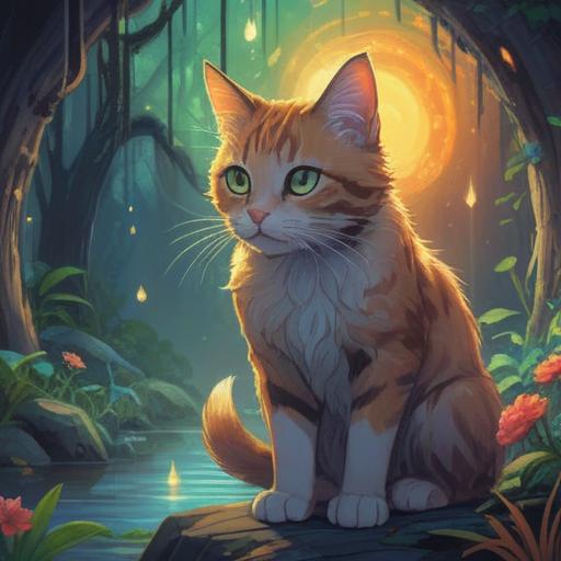 A serene and mystical scene depicting a cat surrounded by a gentle aura, ethereal light shimmering around, representing protection and spiritual guidance, symbols of harmony and safety integrated into the environment, a tranquil landscape with soft pastel colors, capturing the essence of the cat's protective nature, 4k