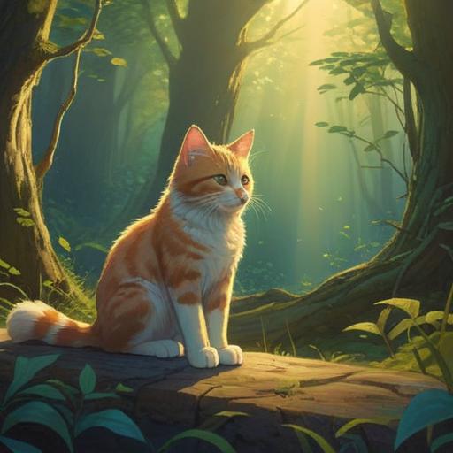 A serene scene of a cat sitting protectively beside a person, gentle sunlight filtering through trees, ethereal glow surrounding the cat, symbols of protection and spirituality in the air, tranquil expression on the person's face, deep connection between human and cat, magical ambiance, harmonious nature elements, 4k