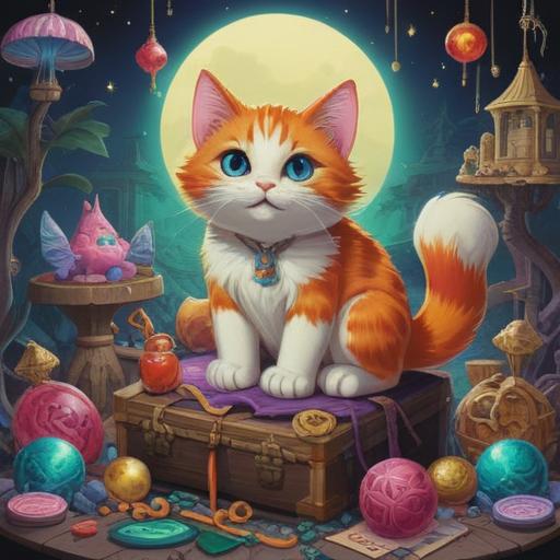 A whimsical scene of a charming cat sitting atop a pile of magical lucky items, vibrant colors, sparkling charms and trinkets surrounding the cat, warm and protective aura emanating from the feline, enchanting forest backdrop, soft sunlight filtering through the trees, storybook illustration style, inviting and cozy atmosphere, 4k