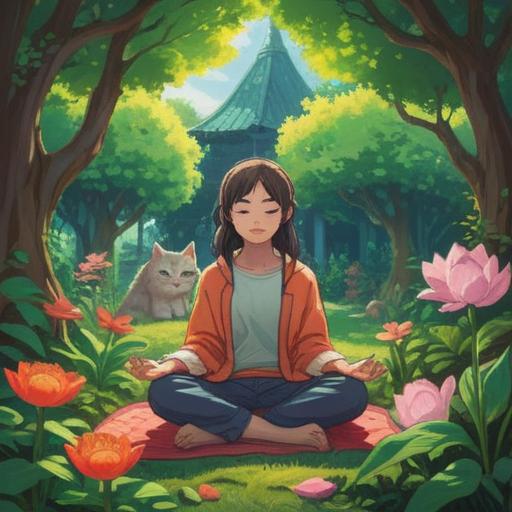 A serene illustration of a person meditating in a peaceful garden, gentle sunlight filtering through leaves, a content cat calmly resting on their lap, symbolic of comfort and strength, vibrant flowers surrounding them, tranquil expression, harmony with nature, 4k