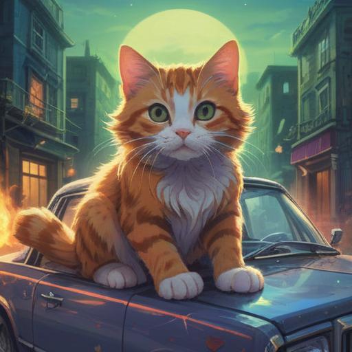 A serene scene of a cat sitting gracefully on top of a car, surrounded by ethereal light, symbolizing spiritual energy, peaceful ambiance, a clear sky in the background, soft pastel colors, dreamlike atmosphere, whimsical details, 4k