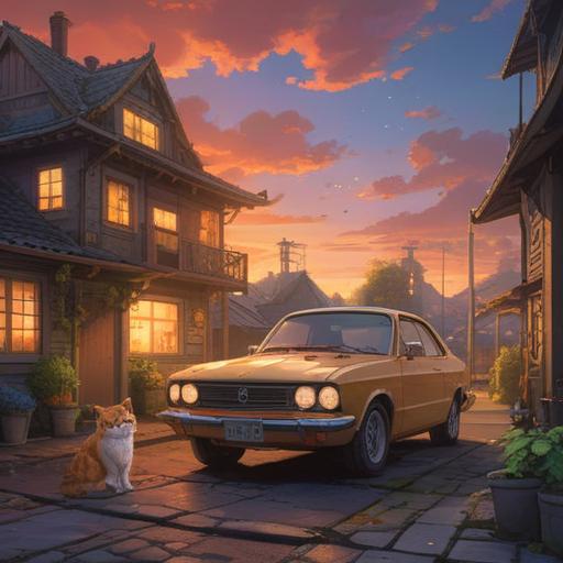 A serene scene featuring a car parked under a vibrant sunset, a fluffy cat perched peacefully on the roof, glowing energy around the cat, ethereal light rays shining down, lush greenery in the background, tranquil atmosphere, symbolizing good fortune and spiritual guidance, harmonious colors, clear sky, soft lighting