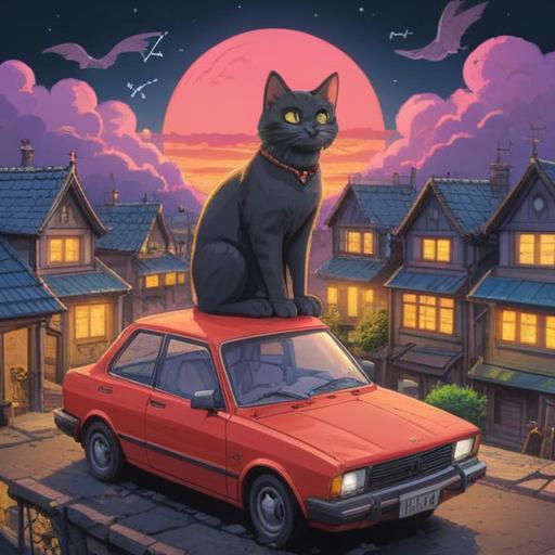 A serene scene of a cat sitting on the roof of a car, glowing ethereal light, surrounding mystical symbols, tranquil nature backdrop, dusk setting, soft glowing stars above, conveying a sense of spiritual awakening, peaceful ambiance, 4k