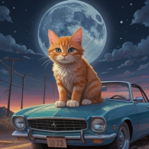 A serene and mystical scene of a cat sitting on top of a car under a starry night sky, ethereal glow, soft moonlight illuminating the cat's fur, spiritual symbols subtly appearing in the air, tranquil atmosphere, enchanting landscape, reflective surfaces, delicate details, 4k