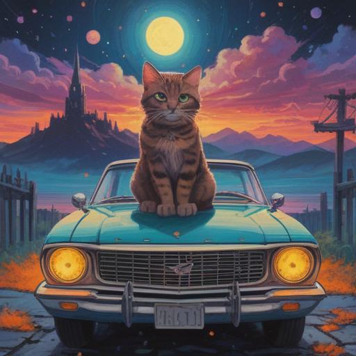 A cat sitting on the hood of a vintage car under a starlit sky, mystical aura surrounding them, vibrant colors reflecting off the car's surface, symbolic gestures conveying spiritual connection, serene atmosphere, detailed fur texture on the cat, intricate designs on the car, harmonious blend of nature and machinery, dreamlike quality, 4k