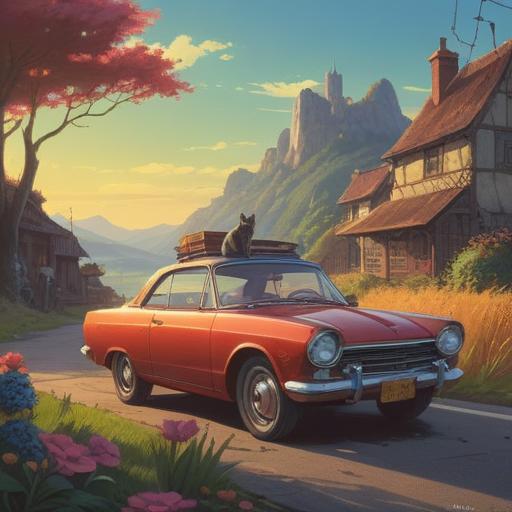 A serene scene depicting a cat sitting on the hood of a vintage car, surrounded by a peaceful landscape, ethereal light illuminating the surroundings, symbols of good fortune and spirituality subtly integrated into the background, tranquil atmosphere, connection between nature and the spirit world, calming colors, harmonious composition, 4k