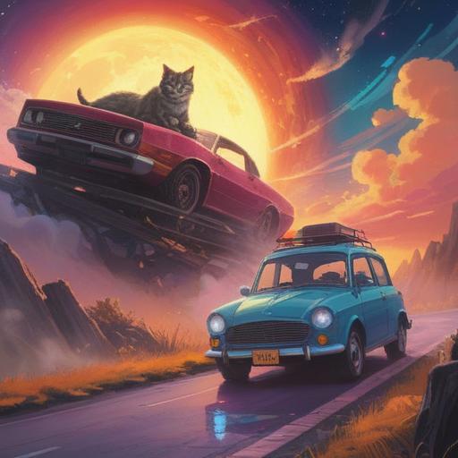 A mystical scene depicting a cat and a car, glowing ethereal symbols in the air, a serene landscape, vibrant colors, the cat sitting calmly near the vehicle, a sense of awareness and caution, subtle hints of spirituality, soft sunlight filtering through trees, tranquil atmosphere, 4k