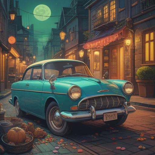 A mystical and enchanting illustration of a cat and a vintage car, adorned with intricate lucky charms, vibrant colors, ethereal glow, the cat perched elegantly on the car's hood, surrounded by shimmering symbols of luck, lush greenery in the background, capturing the spiritual connection between the feline and the vehicle, whimsical atmosphere, 4k