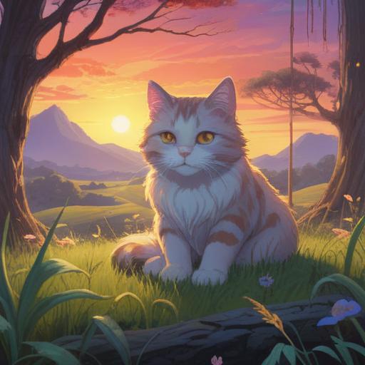 A serene illustration depicting a mystical connection between a cat and a deceased figure, ethereal light surrounding them, a tranquil landscape with soft, dreamlike colors, symbolism of life and death intertwined, gentle expressions conveying peace and understanding, lush greenery in the background, deep blue sky reflecting the afterlife, 4k
