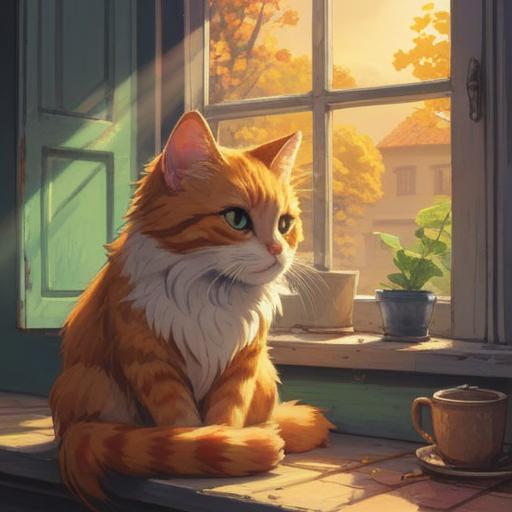 A serene scene of a fluffy cat sitting peacefully on a windowsill, sunlight streaming through the window, casting gentle shadows, surrounded by plants symbolizing growth and positivity, an ethereal glow around the cat, representing spiritual energy and guidance, tranquil atmosphere, harmonious colors, calming presence, 4k