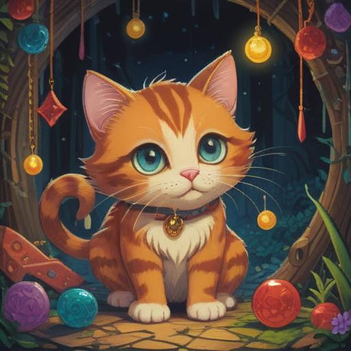 A whimsical scene featuring a cat curiously gazing at a lucky charm after discovering a hidden treasure, vibrant colors, playful composition, enchanting atmosphere, detailed surroundings with mystical elements, the cat's fur glistening, a magical aura around the charm, 4k