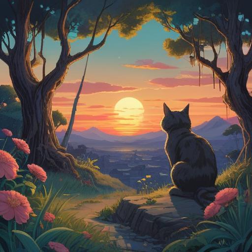 A surreal scene featuring a cat gazing at a lifeless body in a tranquil environment, symbolic imagery representing life and death, introspective atmosphere, thoughtful expression on the cat, detailed surroundings with soft lighting, elements of nature contrasting with the somber subject, emotional depth, 4k