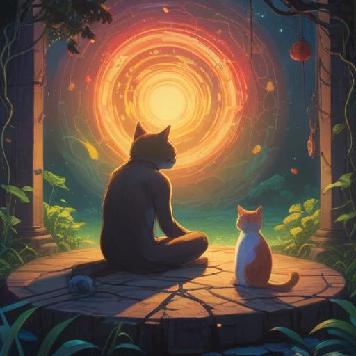 A serene and mystical scene depicting a cat peacefully sitting beside a meditating person, soft glowing light surrounding them, symbols representing spirituality in the background, ethereal atmosphere, gentle connection between human and cat, nature elements like trees and flowers, calm and tranquil environment, 4k