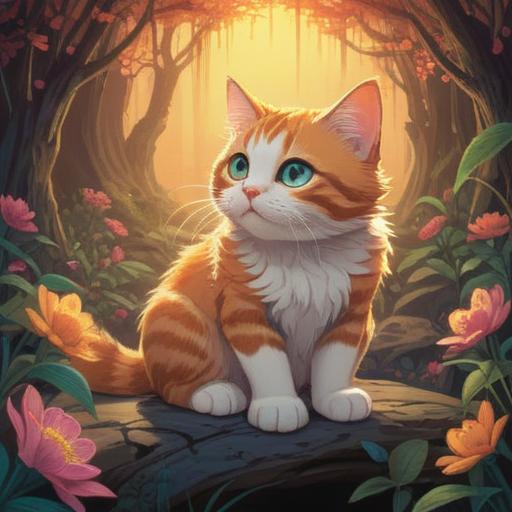 A serene illustration of a cat showing affection, aura of calmness, soft glowing light around the cat, gentle eyes reflecting connection, symbols of spirituality in the background, a tranquil indoor setting with plants, warm colors, cozy atmosphere, 4k