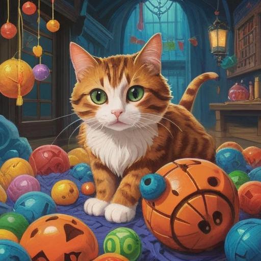 A whimsical illustration of a lucky charm designed to attract affectionate cats, featuring a charming cat playing with a colorful toy, surrounded by various lucky objects like four-leaf clovers and golden fish, bright and inviting colors, a sunny room setting with soft sunlight filtering through the window, heartfelt expression on the cat's face, adorable details, 4k