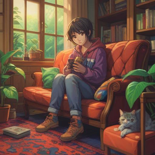 A serene scene of a person sitting on a comfortable sofa, gently petting a cat, mutual gaze creating a bond, warm sunlight pouring through the window, cozy living room filled with plants and cat toys, peaceful atmosphere, clear connection between human and feline, deep communication in action, 4k