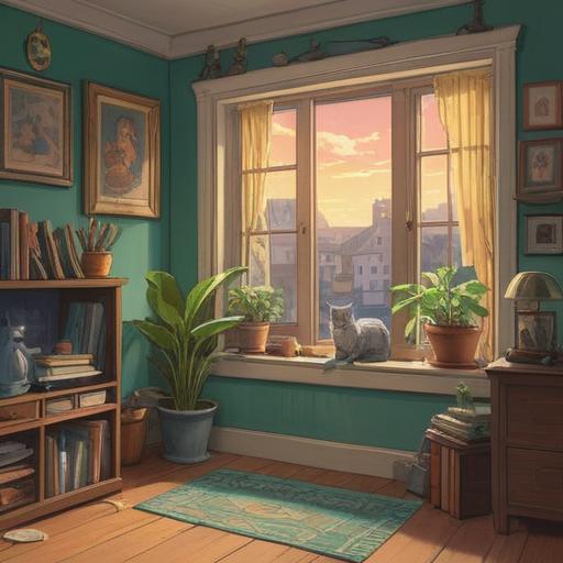 A serene illustration of a cat entering a cozy home, soft light filtering through the window, symbols of protection and comfort around, gentle aura surrounding the cat, an inviting atmosphere, warm colors reflecting spirituality, detailed interior with plants and sacred objects, a sense of peace and connection, 4k