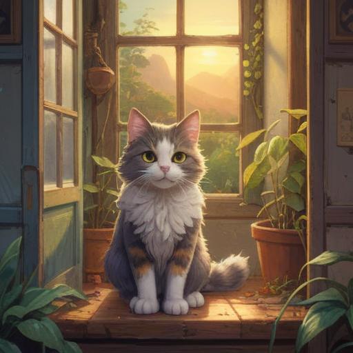 A serene illustration of a welcoming home, a fluffy cat with an ethereal glow, soft sunlight streaming through the window, plants gently swaying, symbols of spirituality like feathers and crystals scattered around, warm and inviting atmosphere, details highlighting peace and harmony, vibrant yet calming color palette, 4k