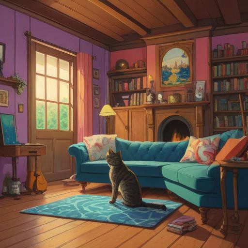 A cozy living room setting, a curious cat exploring its new home, mystical symbols subtly integrated in the background, warm sunlight streaming through the window, representing spiritual awareness, a gentle aura surrounding the cat, calming colors and inviting atmosphere, 4k