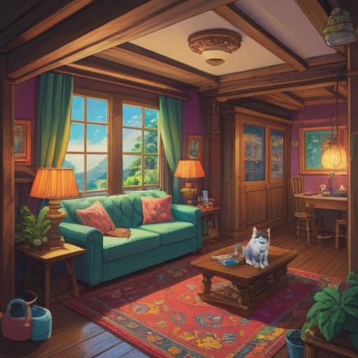 A cozy living room scene, a cute cat entering the house, vibrant and warm colors, small lucky charms around the room, welcoming atmosphere, furniture arranged invitingly, soft sunlight filtering through the window, playful cat design, 4k