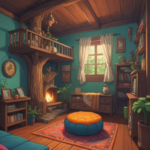 A cozy scene of a living room filled with various cat lifestyle items, cat tree in the corner, comfy cat bed on the rug, interactive toys scattered around, a sunlit window with a cat lounging, plants adding greenery, warm colors, inviting atmosphere, detailed textures, a happy cat playing, 4k
