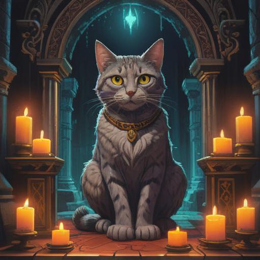 A serene illustration of a mystical cat sitting on an ancient, ornate altar, surrounded by glowing candles and ethereal symbols, soft beams of light filtering through a forest canopy, conveying a sense of spiritual connection and harmony, gentle aura, captivating eyes full of wisdom, vibrant greenery, 4k