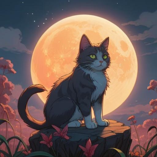 A serene and mystical scene depicting a cat sitting calmly under a full moon, ethereal light surrounding it, symbols of spirituality like omens and signs illustrated in the sky, gentle forest ambiance, soft glow illuminating the cat's fur, conveying a sense of peace and connection, 4k