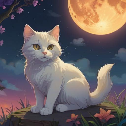 A serene and mystical scene depicting a cat sitting calmly under a full moon, soft ethereal glow, gentle swirling mist around, symbols of spiritual signs like feathers and crystals nearby, tranquil forest background, deep connection between human and cat, sense of intuition and awareness, vibrant color contrast, 4k