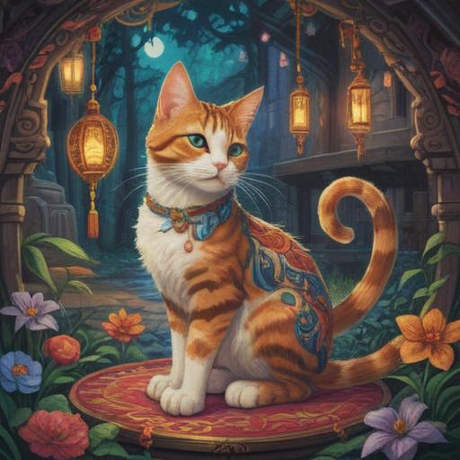 A charming illustration of a lucky charm featuring a cat, intricate details showing various cat-themed motifs, vibrant colors that evoke good fortune, a cozy setting with soft lighting, a playful cat resting beside the charm, surrounded by symbols of luck like four-leaf clovers and coins, cheerful ambiance, 4k