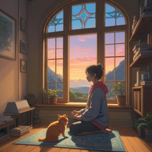 A tranquil scene of a person meditating with a cat by their side, soft light filtering through a window, serene atmosphere, symbols of spirituality like crystals and incense surrounding, harmonious connection with nature, deep bond between human and feline, warm colors, peaceful expression, 4k