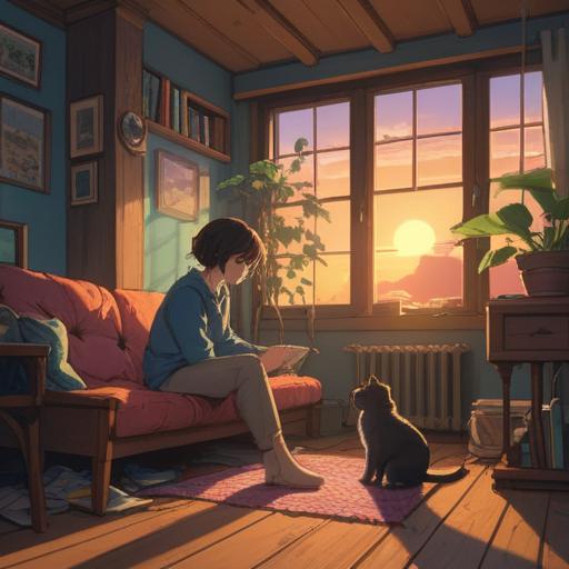 A serene illustration of a person gently interacting with a cat, warm sunlight filtering through a cozy room, soft shadows creating a peaceful ambiance, symbols of spiritual harmony around, such as light orbs and subtle auras, a sense of connection and tranquility, brightly colored plants in the background, inviting atmosphere, 4k