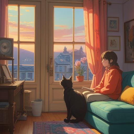 A cozy living room scene, a person joyfully playing with a cat, soft sunlight streaming through the window, lucky items like a four-leaf clover and a horseshoe placed nearby, warm and inviting atmosphere, colorful decor, happiness radiating from both the person and the cat, 4k