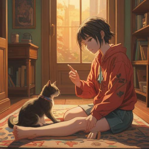 A cat gently rubbing against a person's leg, symbolic representation of spirituality and connection, peaceful indoor setting, warm sunlight streaming through the window, serene expressions, floating ethereal symbols around the cat, soft textures, inviting atmosphere, harmonious interaction, 4k