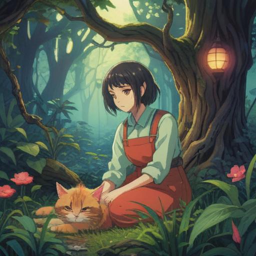 A serene illustration of a cat gently rubbing against a person's leg, soft light filtering through trees, a calm garden setting, symbols of positivity and spirituality subtly integrated, warm color palette, hint of magical aura, peaceful atmosphere, connection between human and animal, 4k