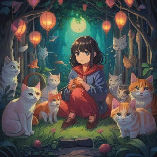 A serene and mystical illustration of a person surrounded by gentle, glowing cats, each radiating different colors, representing love and companionship, a tranquil forest background with ethereal light filtering through the trees, soft spiritual symbols subtly integrated into the scene, warm and inviting atmosphere, 4k