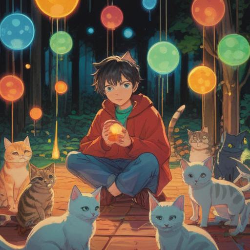 A serene illustration of a person surrounded by playful cats, glowing orbs representing positive energy, soft ethereal light illuminating the scene, harmonious colors, peaceful garden setting, gentle expressions on both the person and the cats, symbolizing spiritual connection and good omens, whimsical and uplifting atmosphere, 4k
