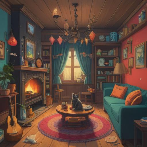 A charming illustration of a cozy living room with a person surrounded by various lucky items themed around cats, including cat-shaped charms, lucky cat figurines, and potted catnip plants, soft sunlight filtering through the window, a shelf filled with cat-themed books, a warm and inviting atmosphere, playful cats lounging around, 4k