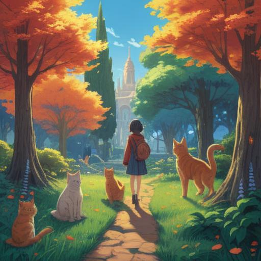 A person surrounded by gentle, welcoming cats, warm sunlight filtering through trees, a serene park setting, expressing a sense of calm and connection with nature, soft fur textures, eyes reflecting kindness, a feeling of spiritual companionship, vibrant greenery, peaceful atmosphere, 4k